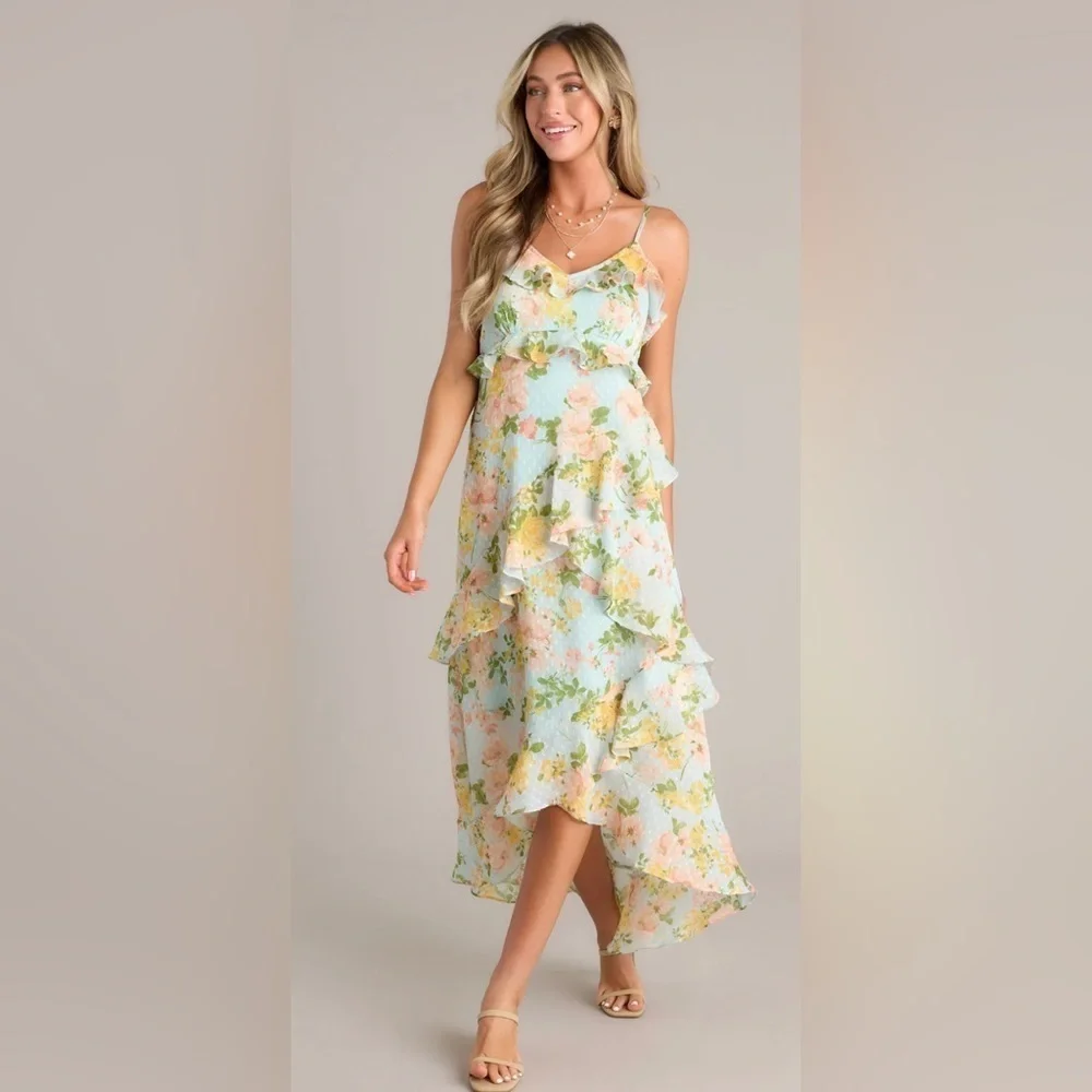 By The River Blossom In Time Blue Multi Floral Ruffle Tiered Midi Dress Size L - Picture 4 of 14
